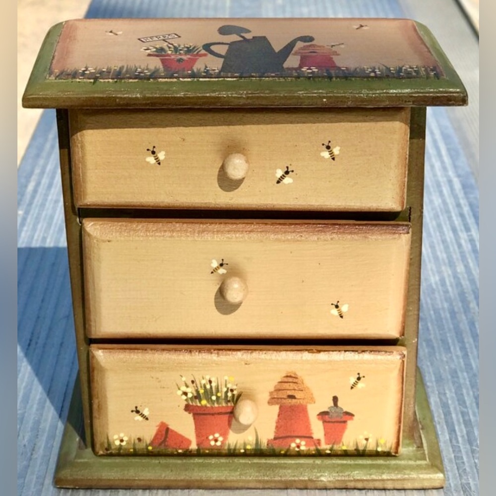 Vintage Wooden Hand Painted 3 Drawer Tiers Honeybee Hive HERB STORAGE Spice Box
